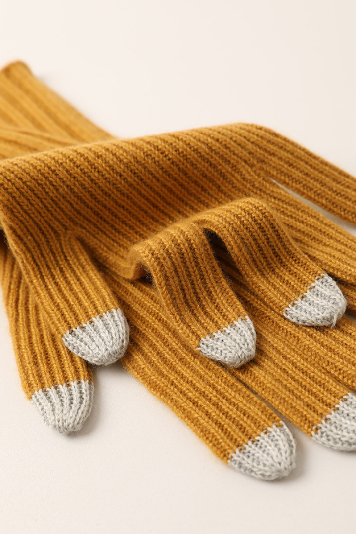 Margo & Main - mustard yellow cashmere gloves laid flat showing cream fingertips, one size