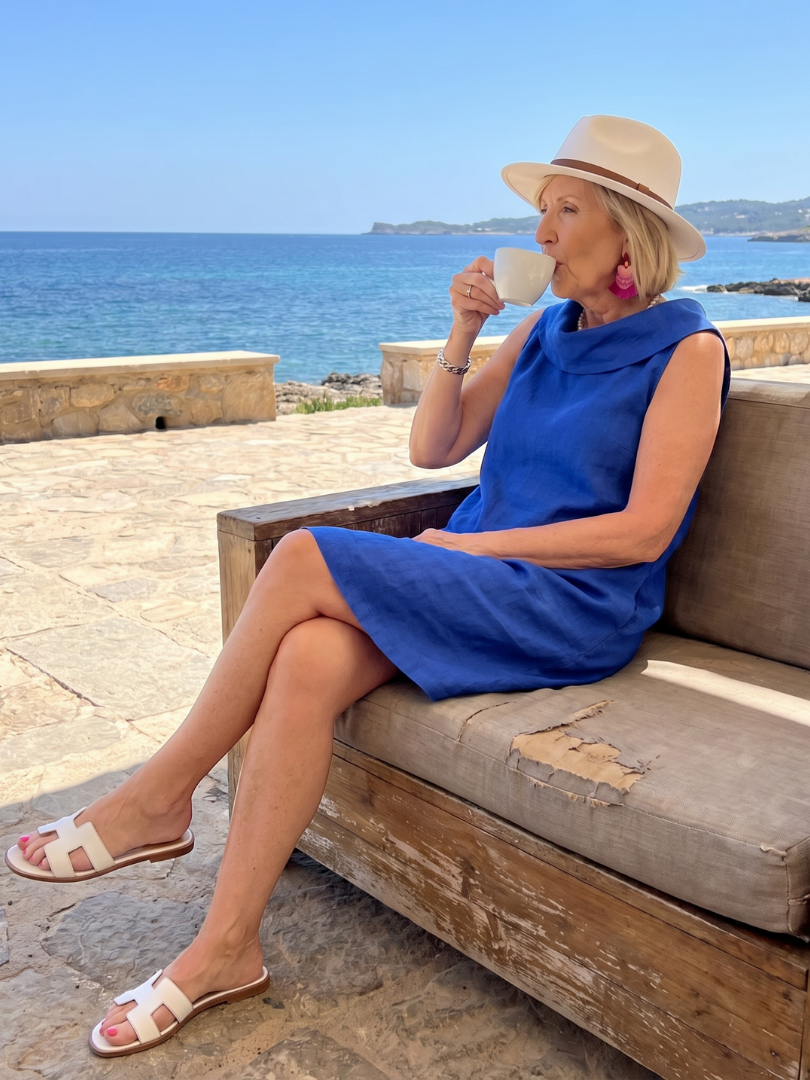 Margo & Main – Vienna Blue sleeveless linen shift dress, seated styling view, US women’s sizes