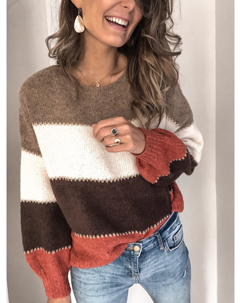 Margo & Main – color block crew neck sweater, front view, US women's sizes