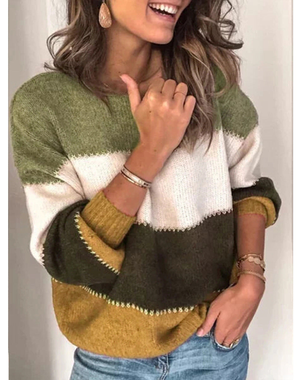 Margo & Main – color block crew neck sweater, full length view, US women's sizes