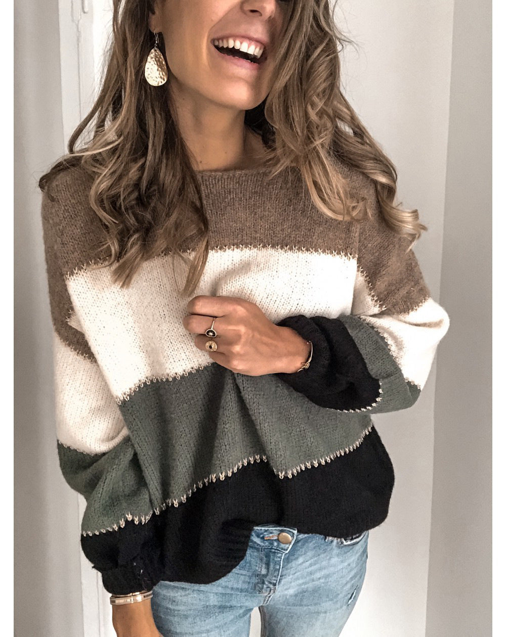 Margo & Main – color block crew neck sweater, styled view, US women's sizes