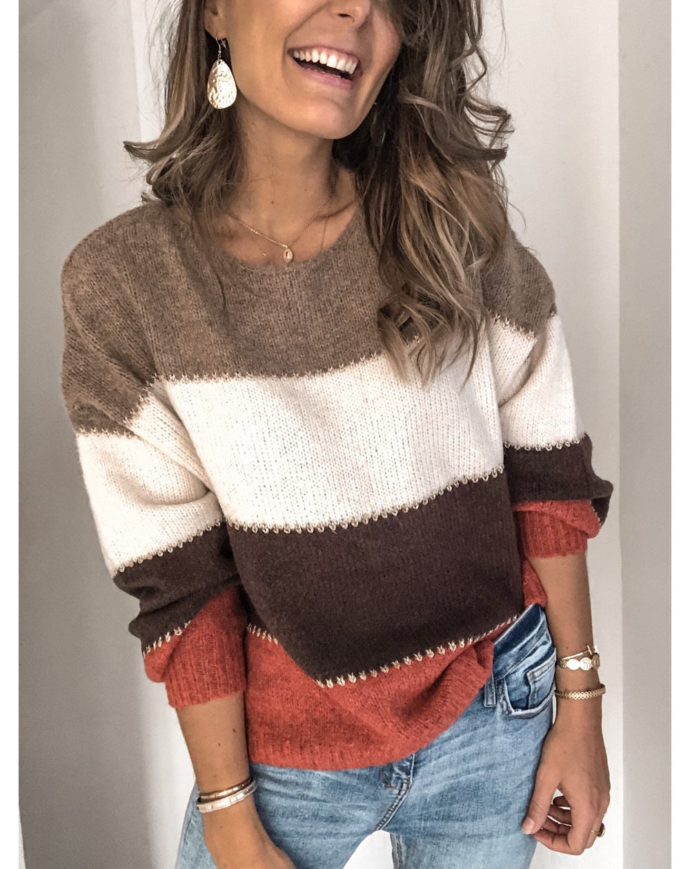 Margo & Main – color block crew neck sweater, side view, US women's sizes