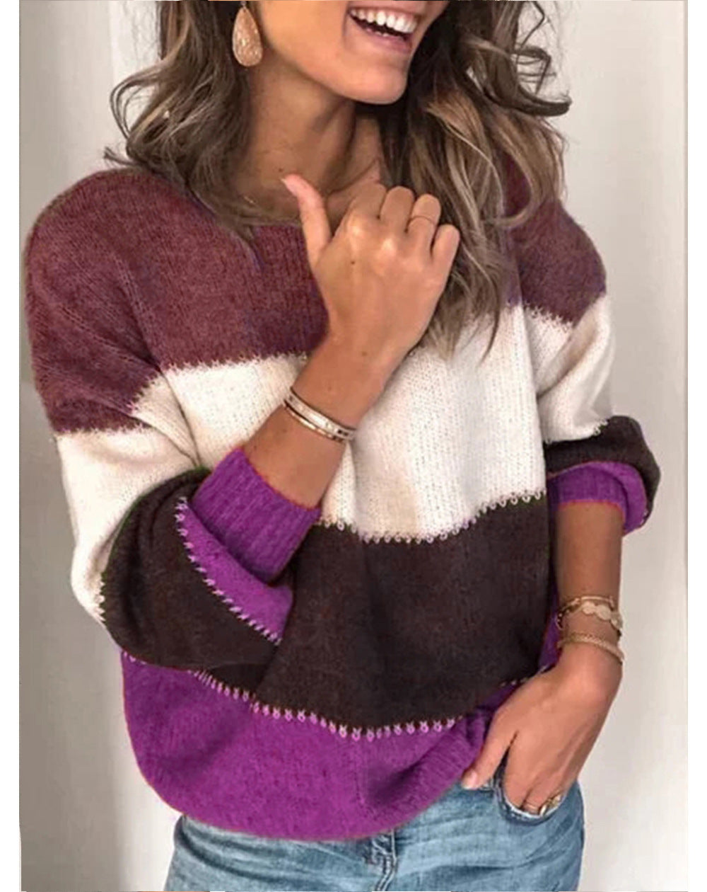 Margo & Main – color block crew neck sweater, close-up view, US women's sizes