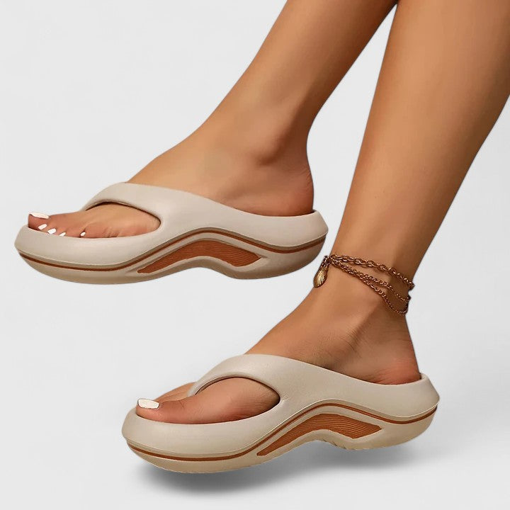 Margo & Main - cream cushioned arch-support thong sandals side view, US women's sizes