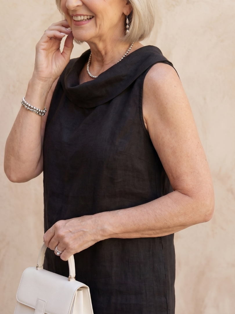 Margo & Main – Vienna Black sleeveless linen shift dress, folded collar detail, US women’s sizes