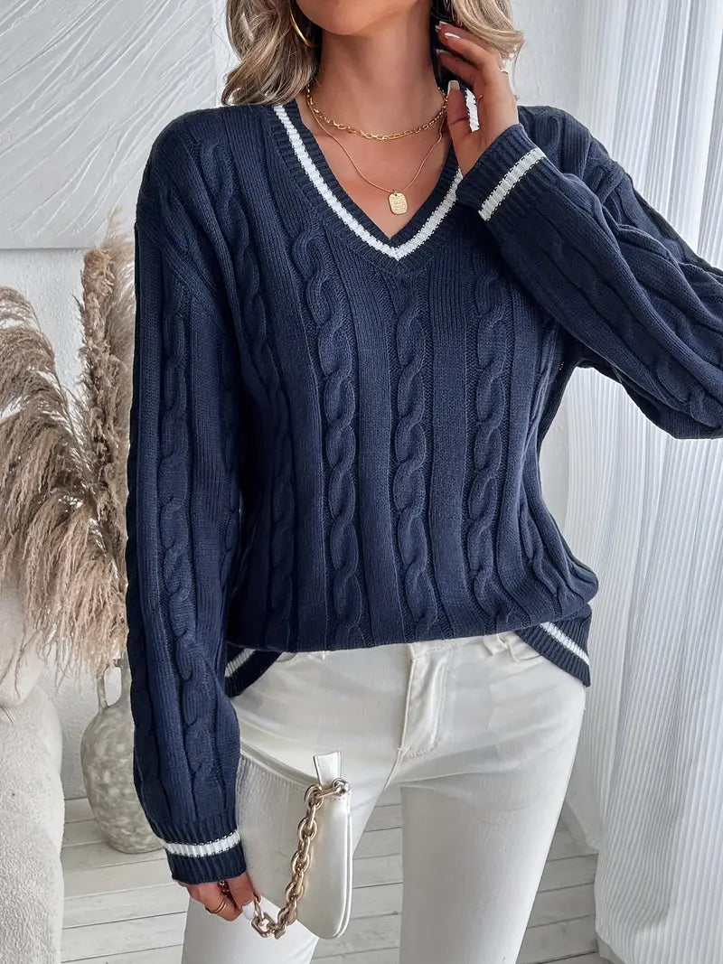 Margo & Main – Navy blue cable knit V-neck sweater, full front view, US women's sizes