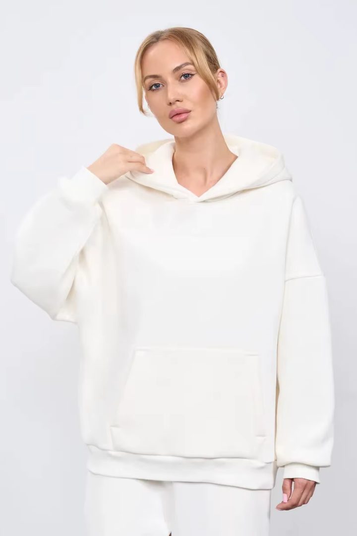 Margo & Main – ivory oversized hooded fleece sweatshirt front view, US women's sizes