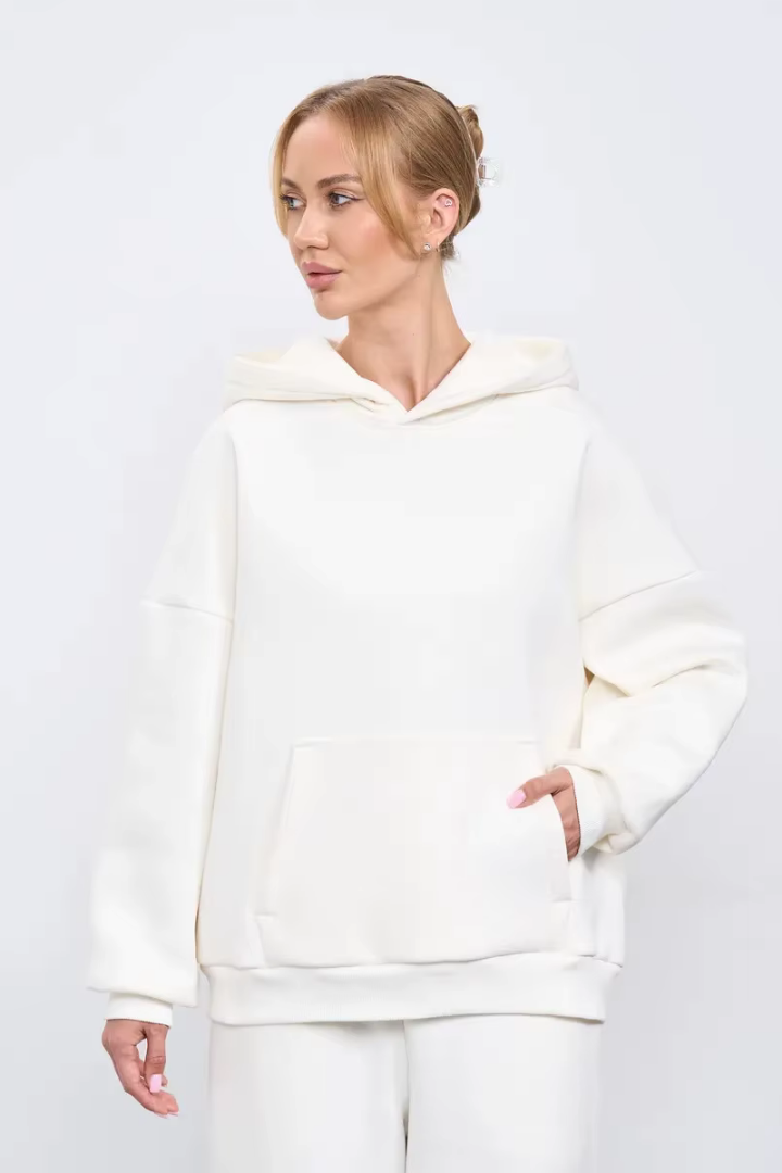 Margo & Main – ivory oversized hooded fleece sweatshirt neckline and sleeve detail, US women's sizes