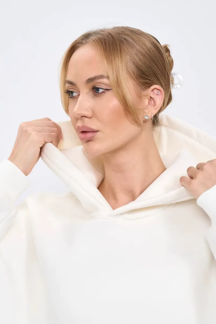 Margo & Main – ivory oversized hooded fleece sweatshirt back view, US women's sizes