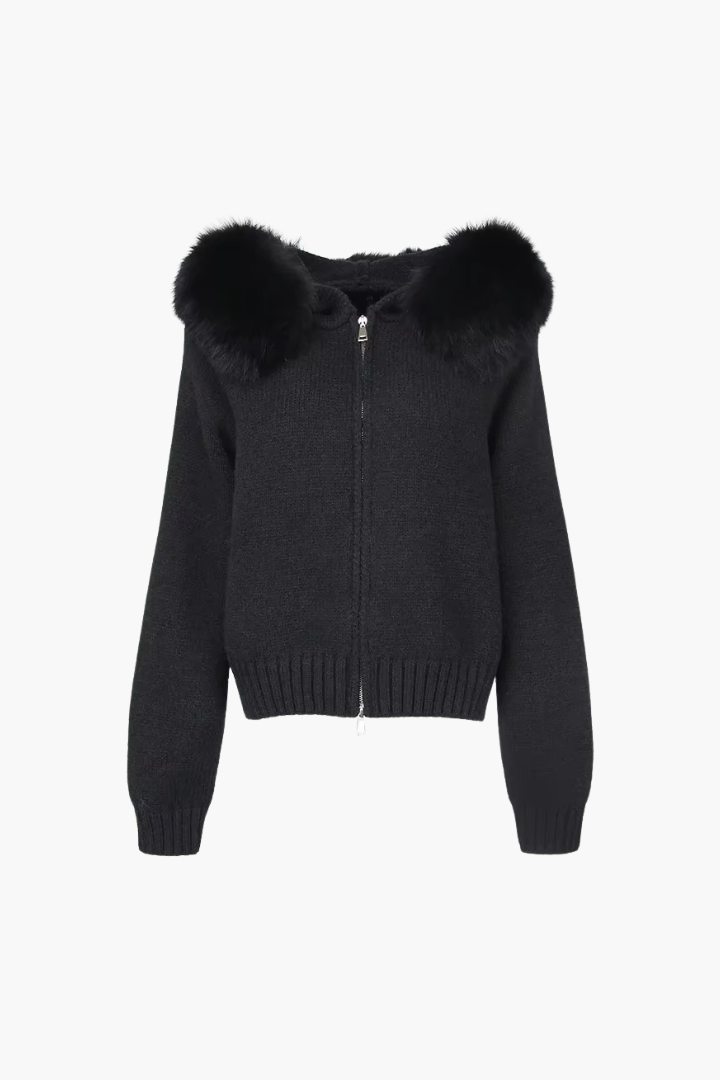 Margo & Main – black knit bomber jacket flat front showing the full zip, US women's sizes