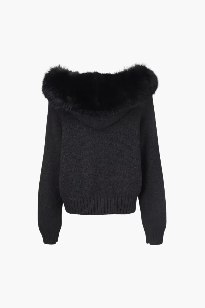 Margo & Main – black knit bomber jacket flat back view of the ribbed knit, US women's sizes