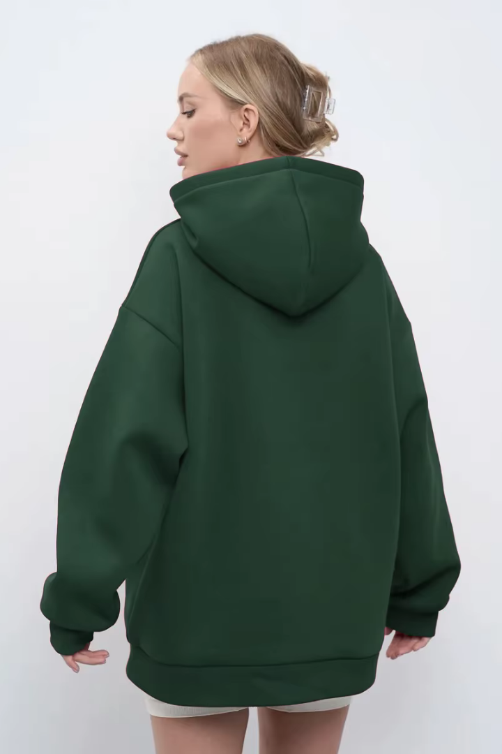 Margo & Main – cotton oversized hooded fleece sweatshirt, full length view, US women's sizes