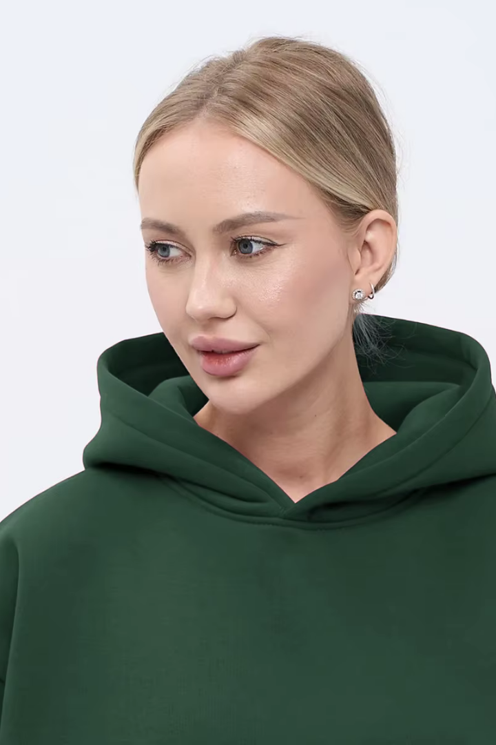 Margo & Main – cotton oversized hooded fleece sweatshirt, close-up view, US women's sizes