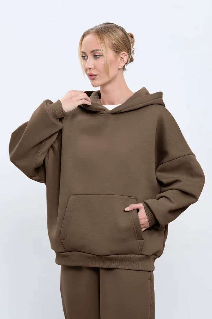 Margo & Main – cotton oversized hooded fleece sweatshirt, angled view, US women's sizes