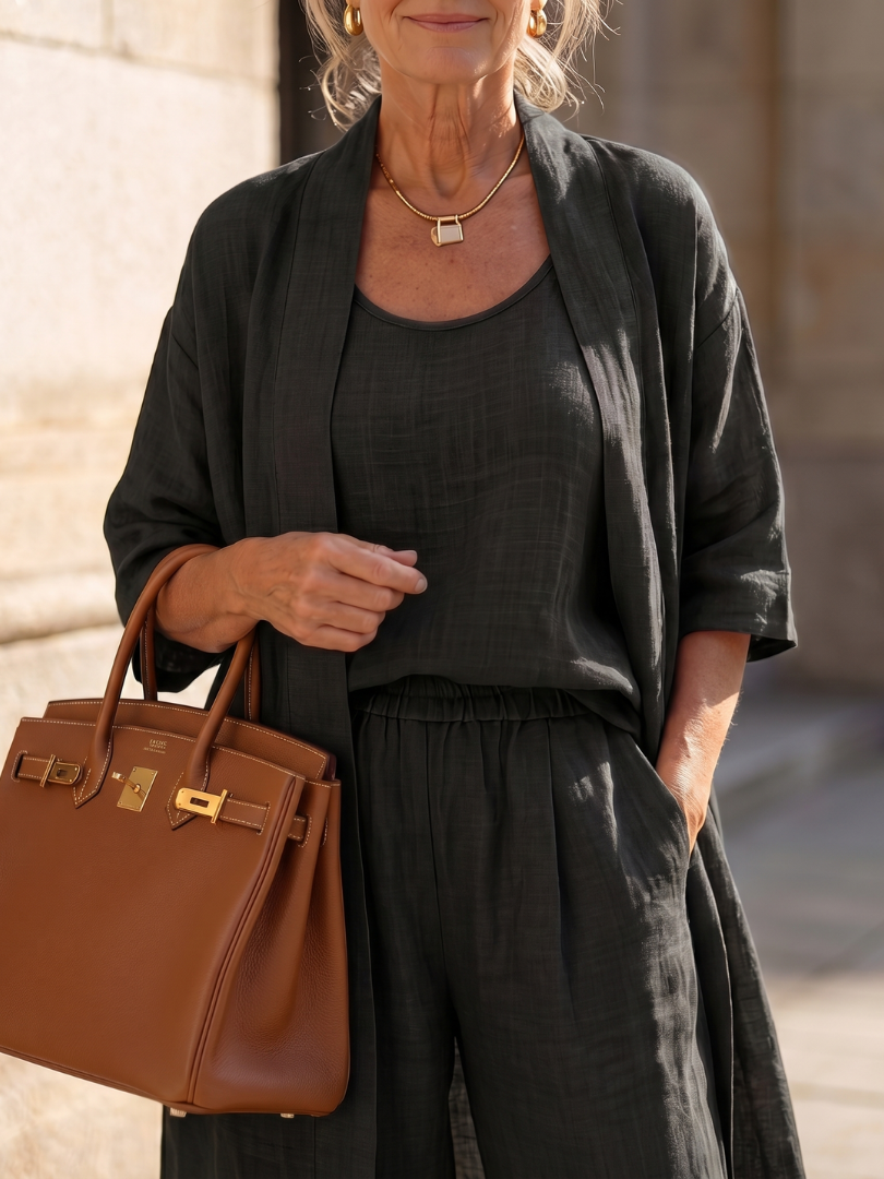 Margo & Main – Yael black tank and open duster layered, worn torso close-up, US women's sizes