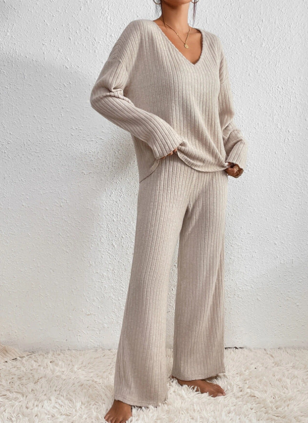 Margo & Main – beige ribbed knit two-piece set showing the wide-leg pants, US women's sizes