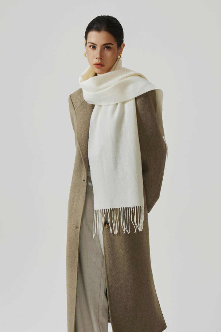 Margo & Main - ivory white lamb wool scarf worn long and open over a full-length coat, one size
