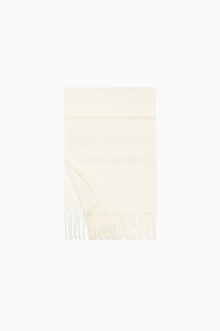 Margo & Main - ivory white lamb wool scarf folded flat with brushed fringed ends, one size