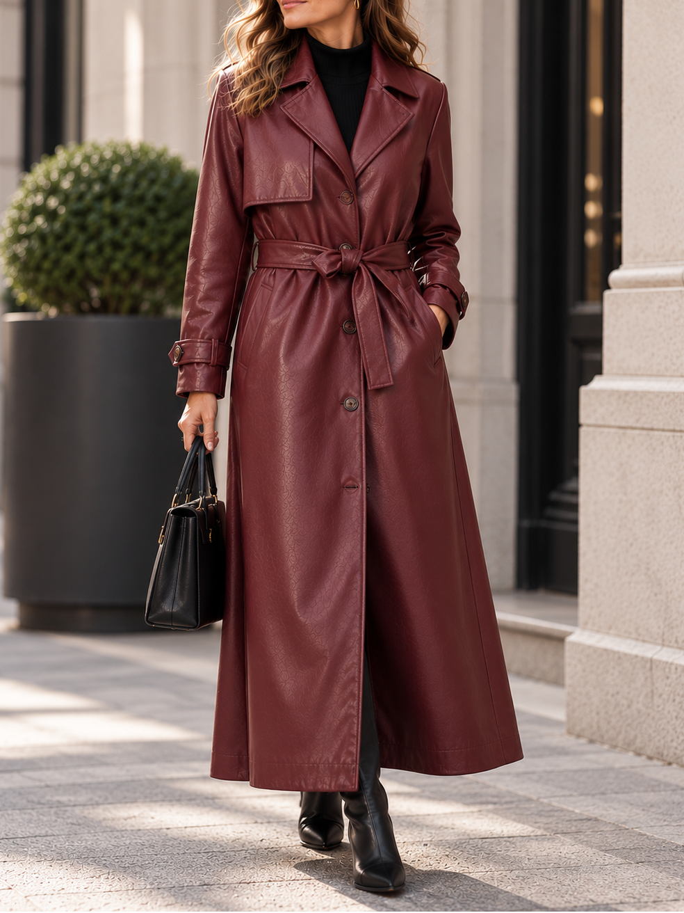 Maeve Belted Faux Leather Long Trench Coat