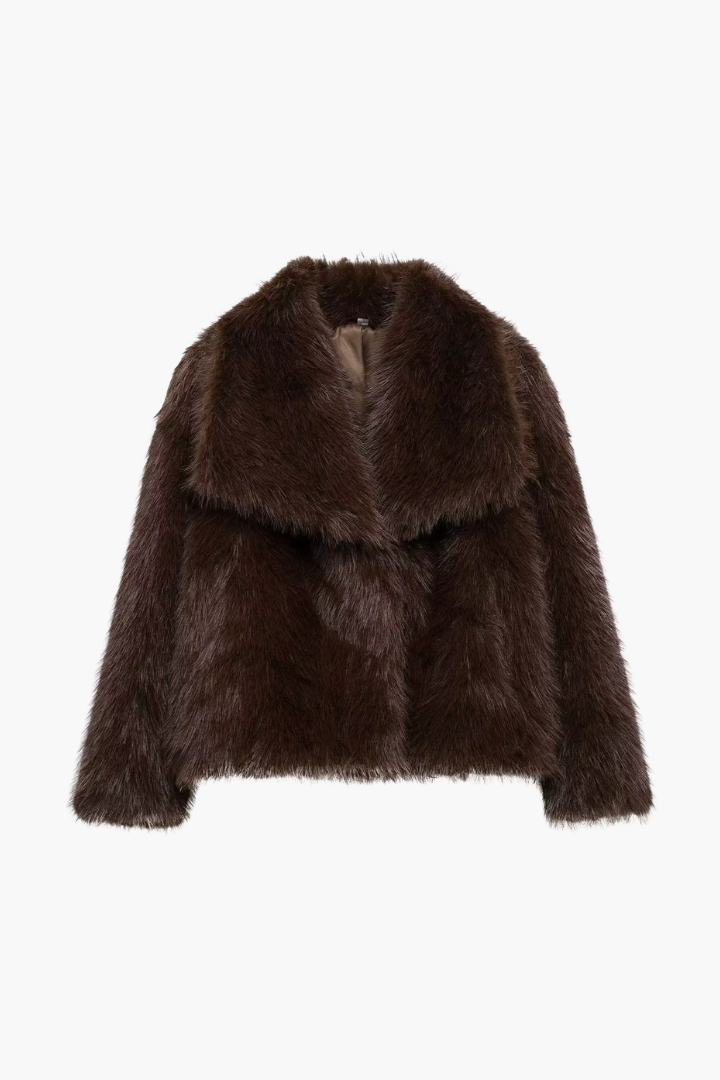 Margo & Main – faux fur wide collar short coat, styled view, US women's sizes