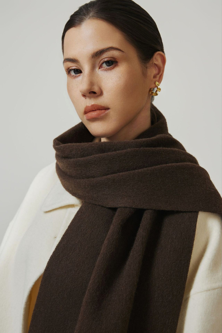 Margo & Main - chocolate brown lamb wool scarf for women, front view at the neck, one size