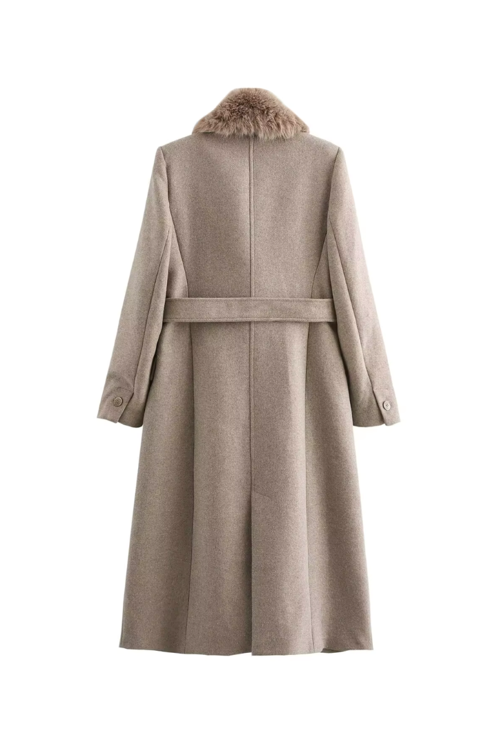 Margo & Main – Lidia taupe faux fur collar belted wool coat, flat product shot back with rear belt strap, US women's sizes