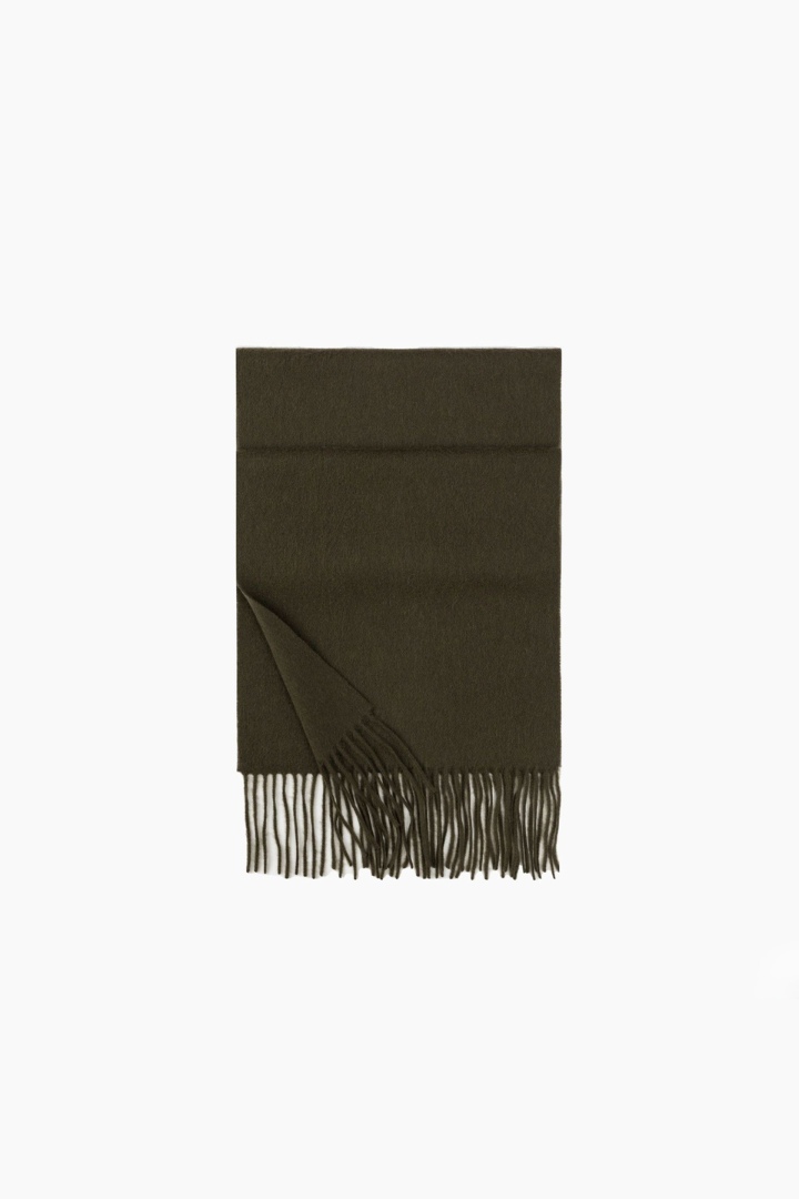 Margo & Main - olive green lamb wool scarf folded flat to show the solid weave, one size