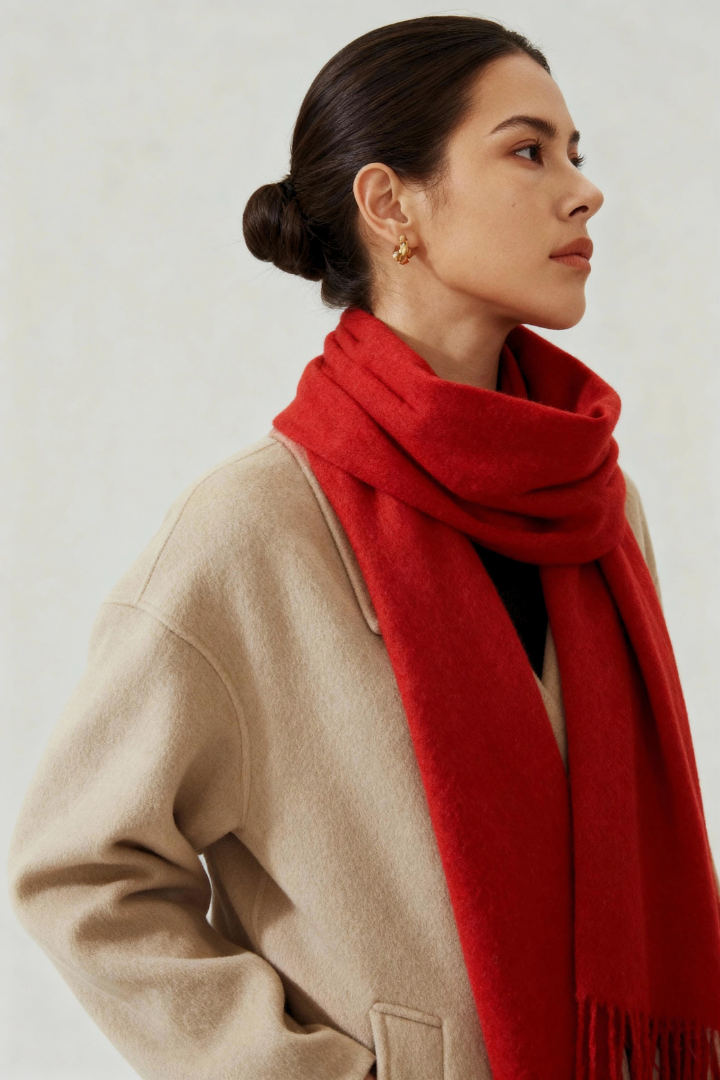 Margo & Main - red lamb wool scarf for women wrapped at the neck over a camel coat, one size