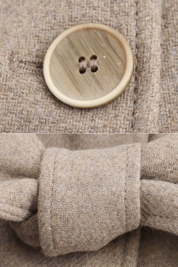 Margo & Main – Lidia taupe belted wool coat, close-up of wooden button and buttoned cuff, US women's sizes