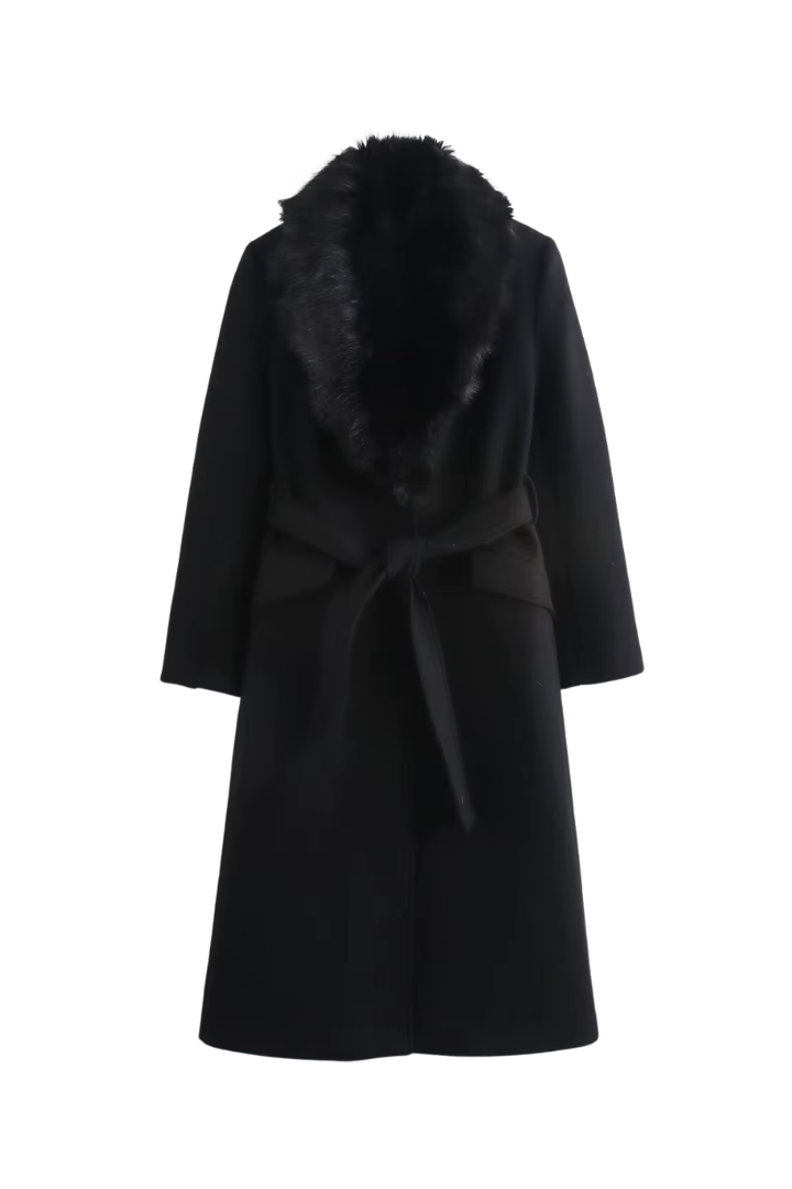 Margo & Main – Lidia black faux fur collar belted wool coat, flat product shot front with belt tied, US women's sizes