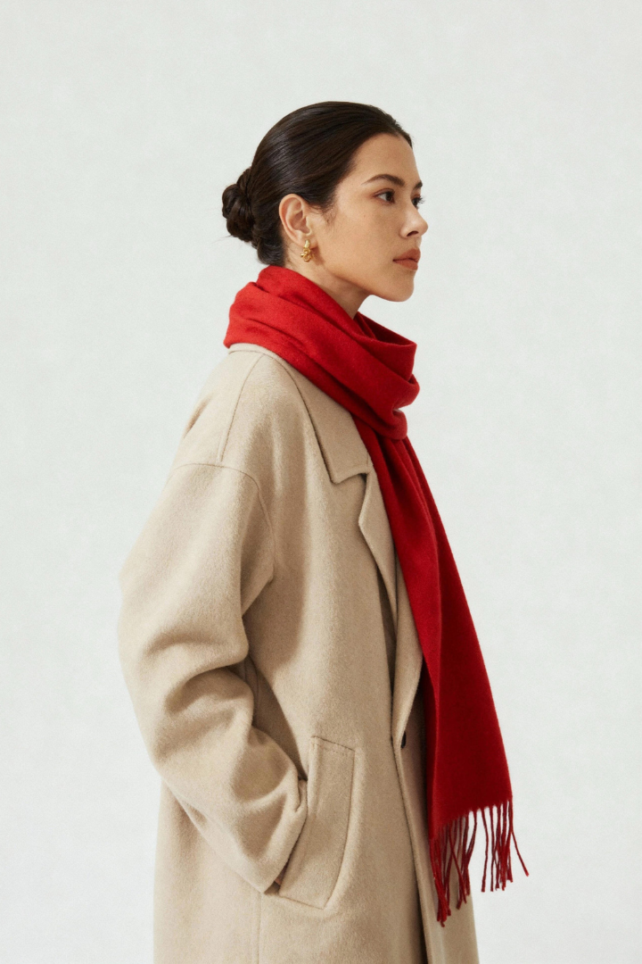 Margo & Main - red lamb wool scarf, side profile showing how the wrap sits on a coat, one size