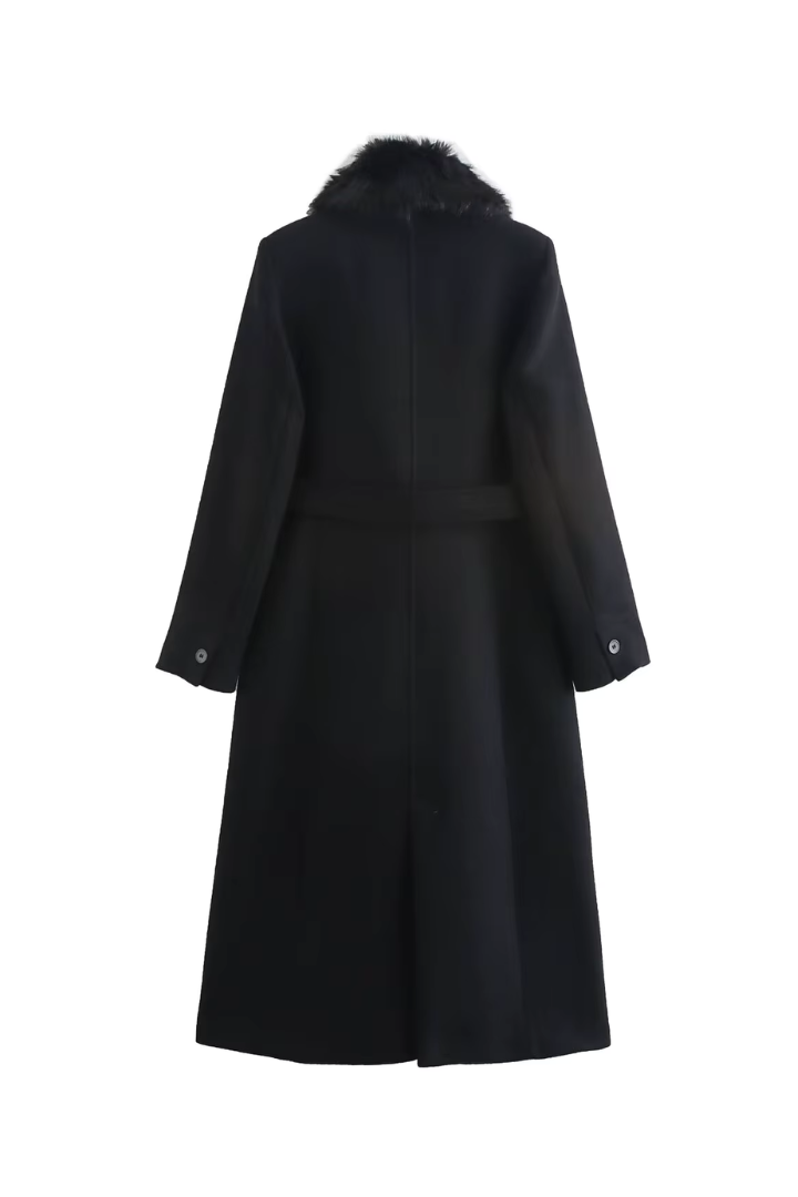 Margo & Main – Lidia black faux fur collar belted wool coat, flat product shot back with rear belt strap, US women's sizes