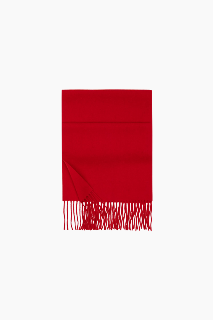Margo & Main - red lamb wool scarf folded flat to show the solid color and fringe, one size