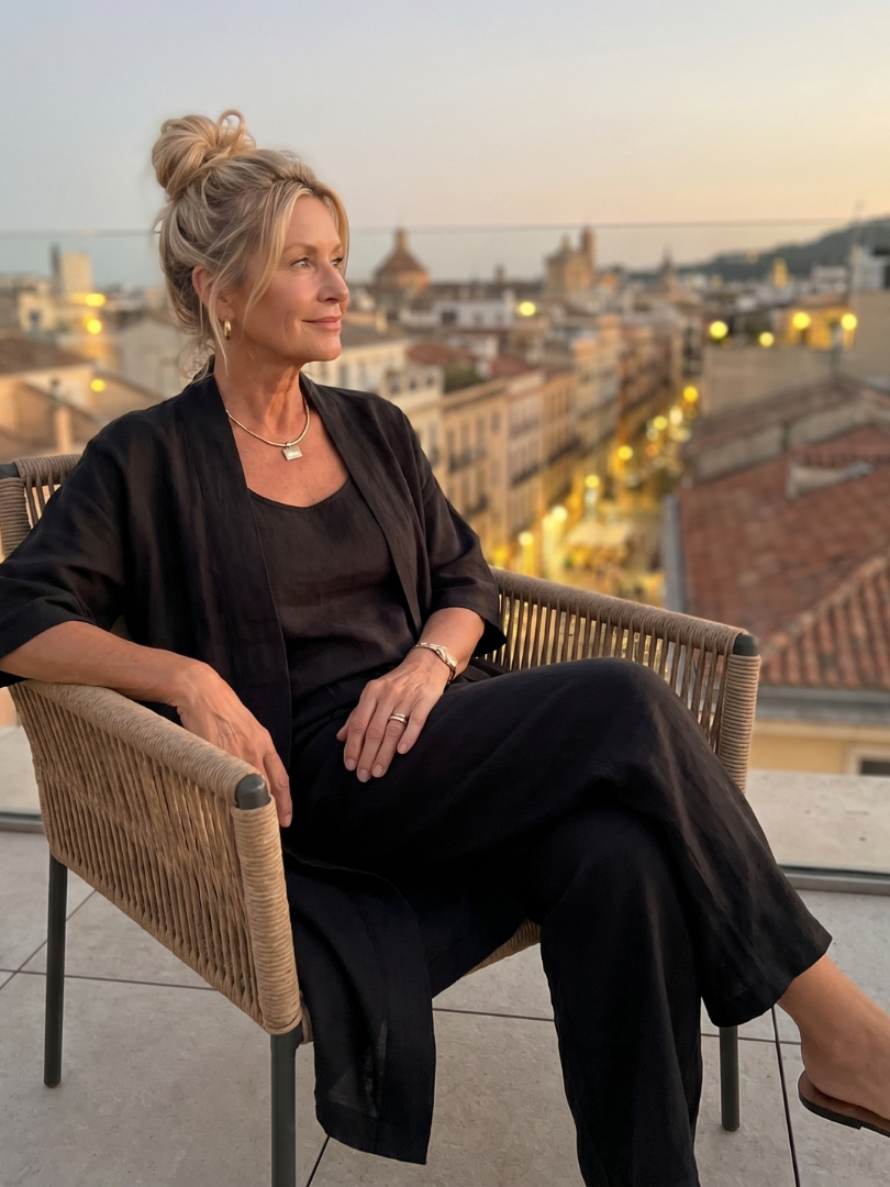 Margo & Main – Yael black duster pant set worn seated at dusk, soft drape, US women's sizes