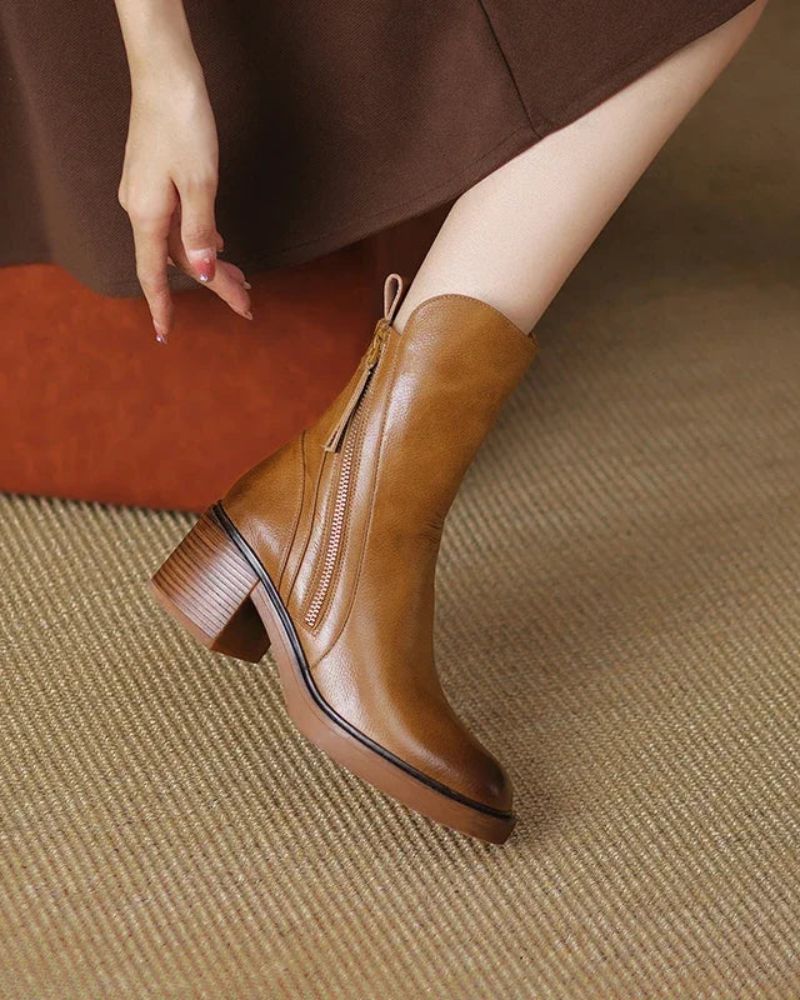 Margo & Main – brown stacked heel ankle boots angled side profile, US women's sizes