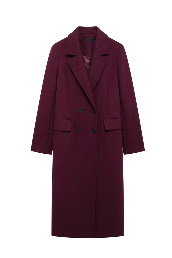 Margo & Main – Esme burgundy double-breasted longline wool coat, flat product shot front, US women's sizes