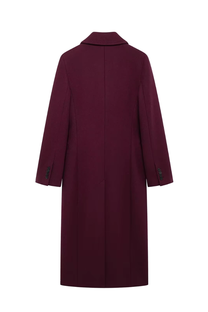 Margo & Main – Esme burgundy double-breasted longline wool coat, flat product shot back, US women's sizes