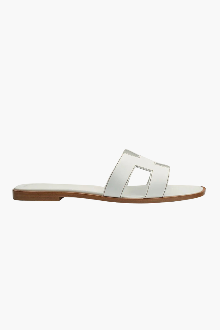Margo & Main – white flat cutout leather slide sandals upper and strap detail, US women's sizes