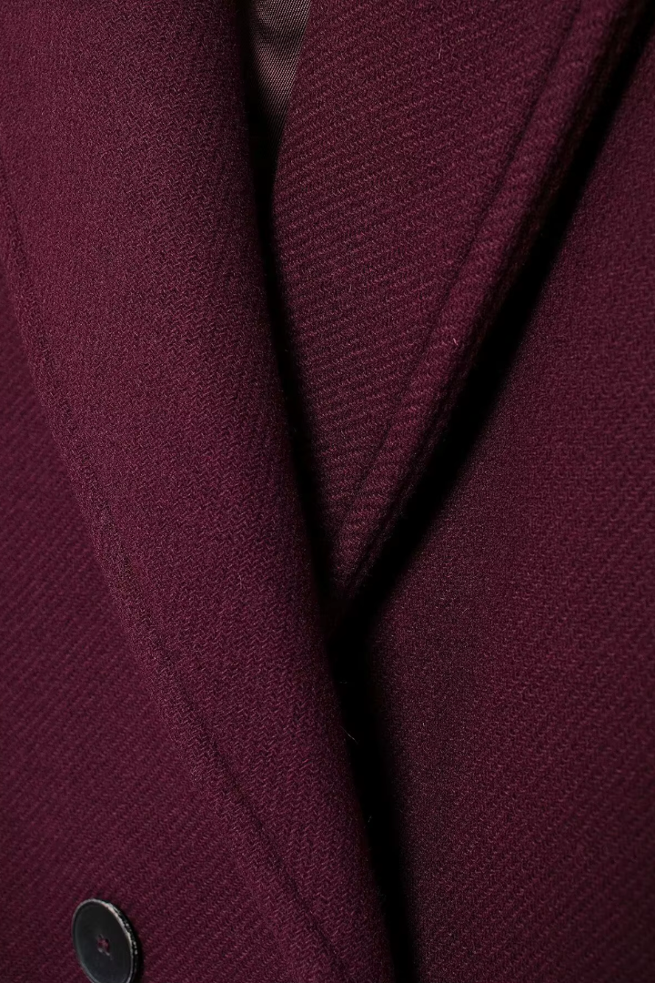 Margo & Main – Esme burgundy wool coat, close-up of double-breasted button and woven fabric texture, US women's sizes