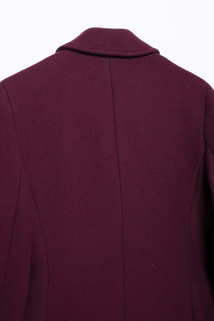 Margo & Main – Esme burgundy wool coat, close-up of back collar and centre seam, US women's sizes