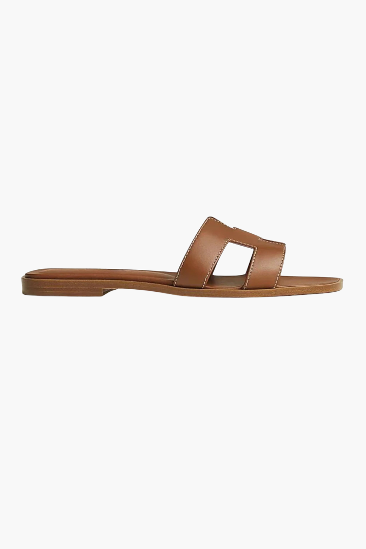 Margo & Main – flat cutout leather slide sandals, fabric detail, US women's sizes