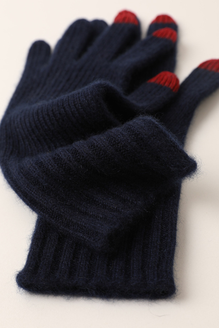 Margo & Main - navy cashmere gloves laid flat to show the ribbed knit texture, one size
