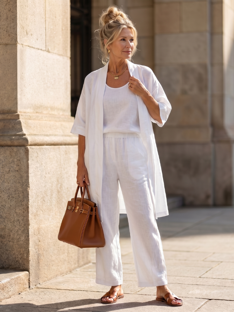 Margo & Main – Yael white three-piece duster pant set, full front view worn, US women's sizes