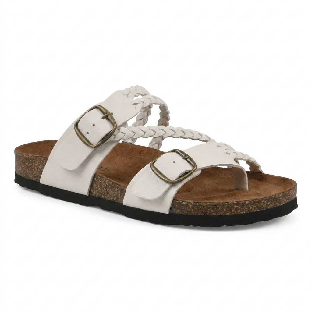 Margo & Main - brown cork footbed sandals braided strap and buckle detail, US women's sizes