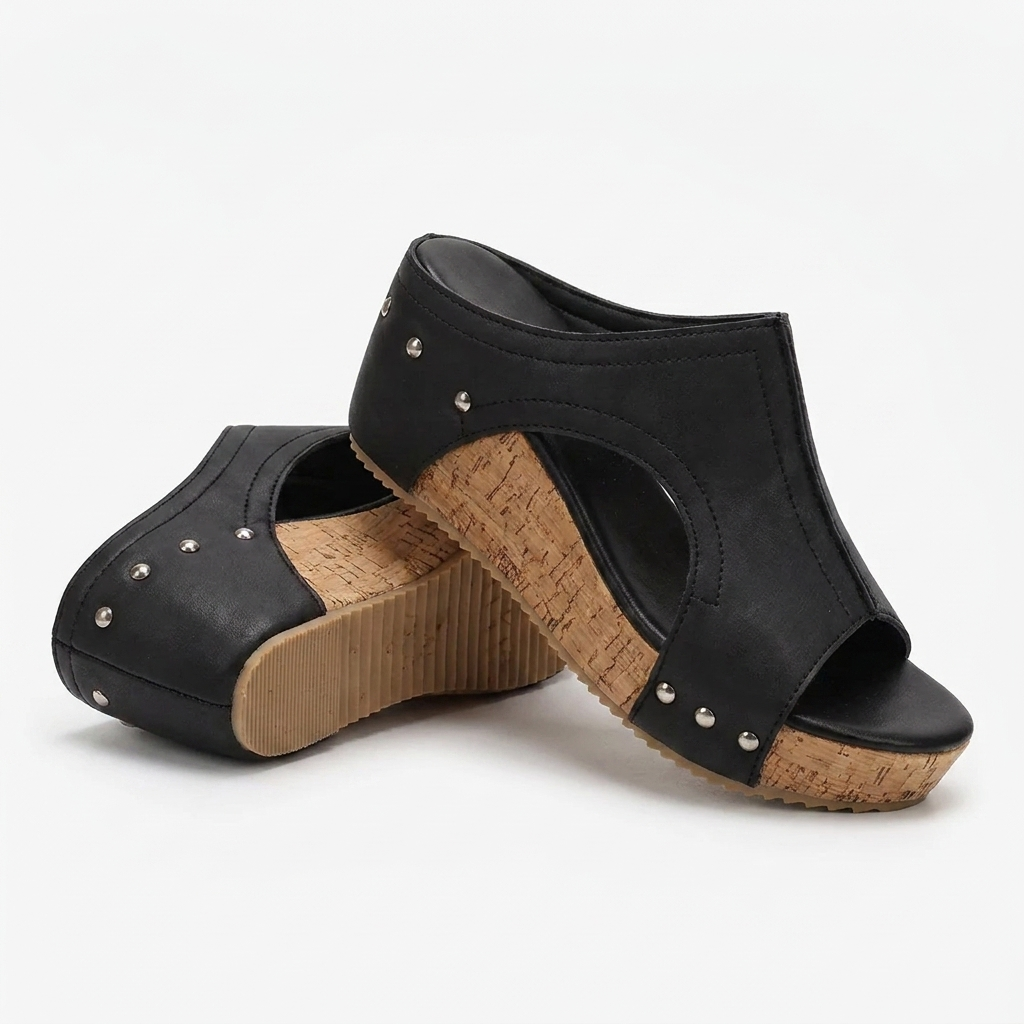 Margo & Main - black studded cork wedge slide sandals angled pair, US women's sizes