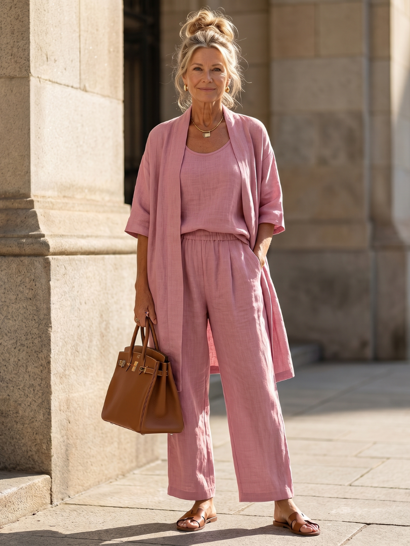 Margo & Main – Yael pink three-piece duster pant set, full front view worn, US women's sizes