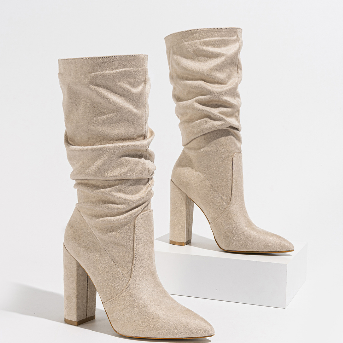 Margo & Main - beige slouch knee-high boots, front pair view of shaft, US women's sizes