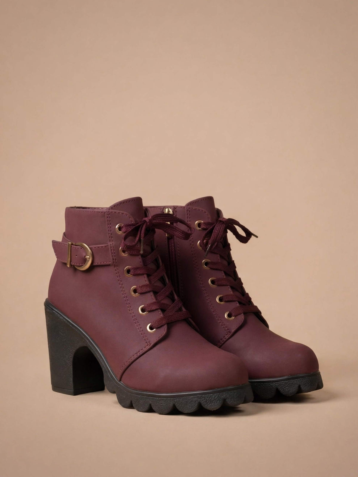 Margo & Main – Burgundy lace-up lug sole ankle boots angled pair view, US women's sizes