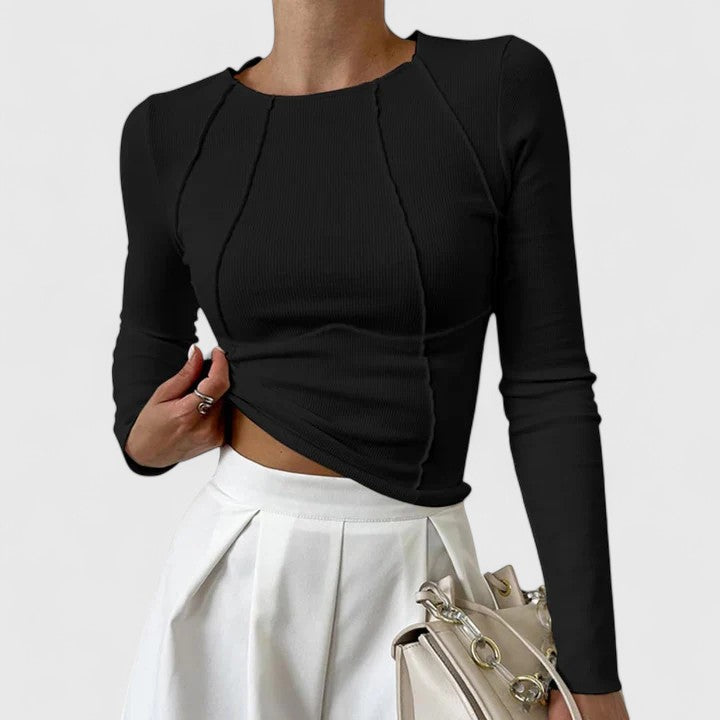 Margo & Main – black ribbed long sleeve top, full front view on model, US women's sizes