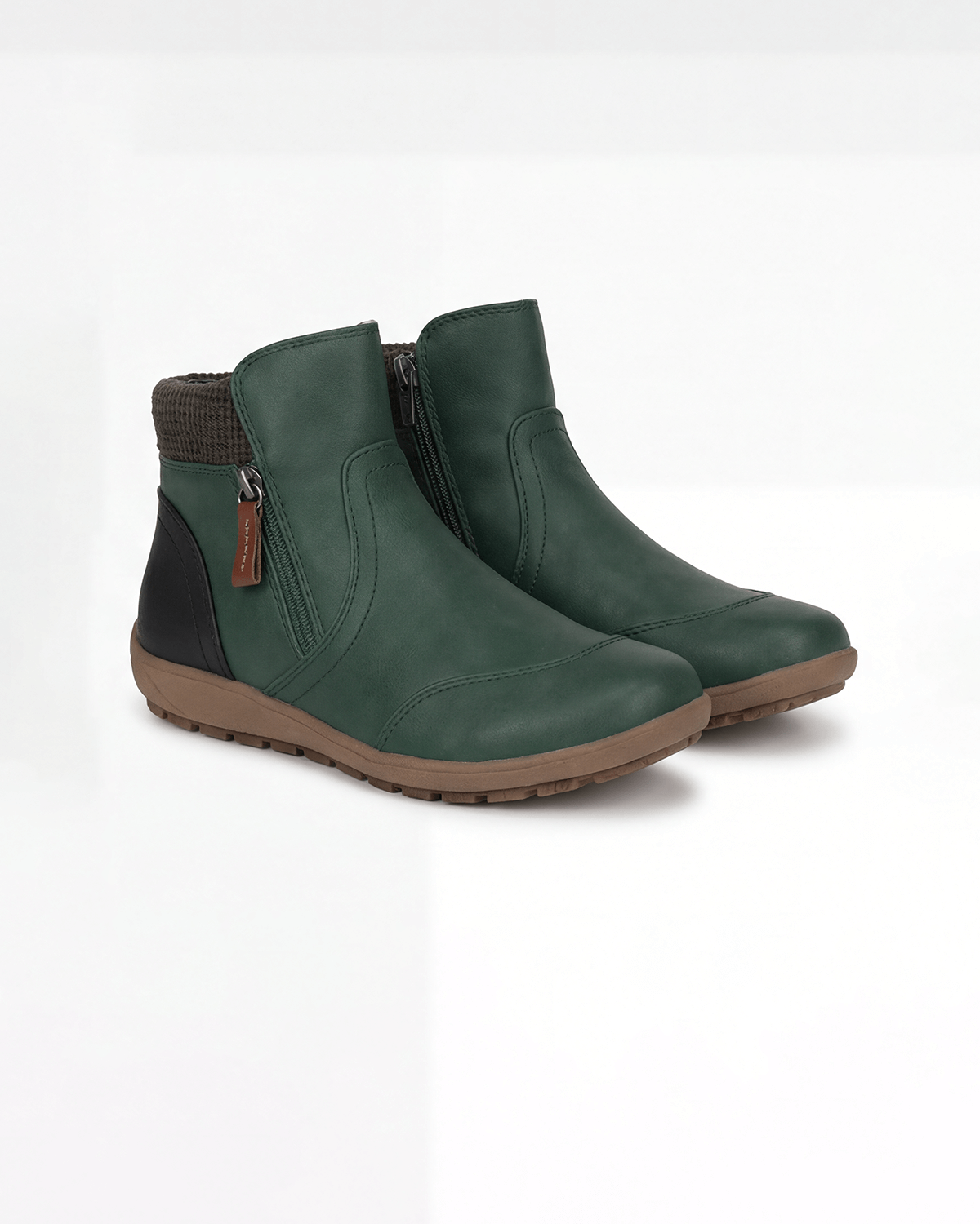 Margo & Main – Green flat knit-collar ankle boots angled pair view, US women's sizes